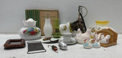 Vintage Mixed Lot: Cole&rsquo;s Music Books, Glass Lamp Shades, Ceramic Hens, Metal Kitchen Tools