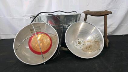 Metal Bucket with Two Heat Lamps and Milking Stool
