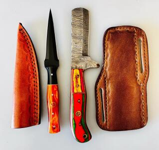 Colorful Custom Damascus & Dagger Fixed-Blade Knife Set, Resin Wood Handles, Leather Sheaths