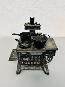 Antique QUEEN Cast Iron Toy Stove with Accessories, Early 20th Century, Ornate Design