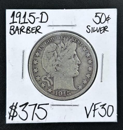 1915-D Barber Half Dollar 50&cent; Silver, Denver Mint, VF30, 90% Silver, 1.205" Diameter