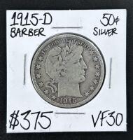 1915-D Barber Half Dollar 50&cent; Silver, Denver Mint, VF30, 90% Silver, 1.205" Diameter