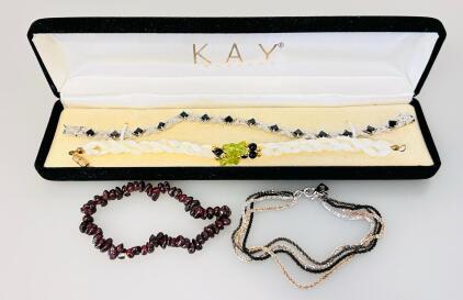 4 Bracelet Set: Kay Silver Black Stone, Italy 925 Multi-Strand, Garnet Chip, Mother of Pearl