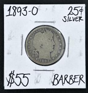 1893-O Barber Quarter Dollar, 90% Silver, New Orleans Mint