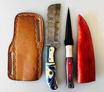 Custom Handmade Damascus Santoku Knife & Boot Dagger With Decorative Handles And Leather Sheaths