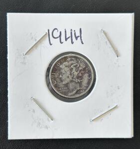 1944 Mercury Dime, 90% Silver, Liberty Head, Circulated, United States 10 Cent Coin