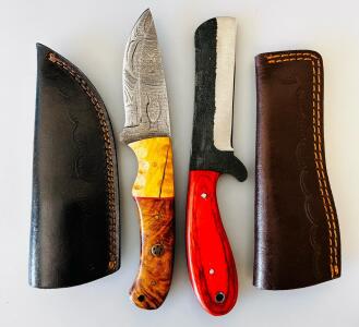 Custom Damascus Drop Point Knife & Forged Bearded Chopper, Stabilized Wood Handles, Leather Sheaths