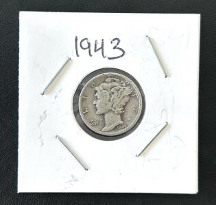 1943 Mercury Dime, Philadelphia Mint, 90% Silver, Circulated, Designed By Weinman
