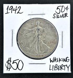 1942 Walking Liberty Half Dollar, 90% Silver, Circulated Condition