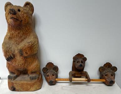 Hand-Carved Wooden Bear Decor Set &ndash; Large Standing Bear 25&rdquo; Tall & Wall-Mount Bear-Head Towel Holders, Toilet Paper Holder