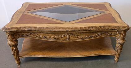 Ornate Louis XVI Style Carved Wood Coffee Table With Beveled Glass Top And Lower Shelf