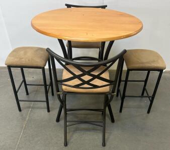 Bar-Height 5-Piece Dining Table Set, Wood Top, Black Metal Frame, Tan Upholstered Stools, 36&rdquo; Round