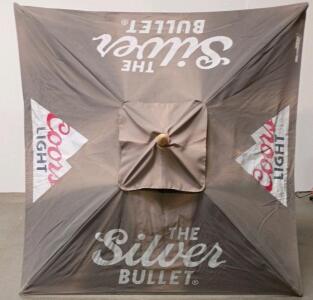 Coors Light Silver Bullet Patio Umbrella, AAA Innovations, 7.5 Ft Square, Wood Pole