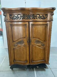 Large French Provincial Style Wooden Armoire Cabinet, Ornate Carved Detail, 2 Doors, Shelves
