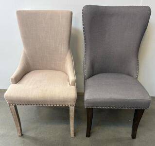 Pair of Upholstered Dining/Accent Chairs with Nailhead Trim, Beige and Gray Fabric, Wooden Legs