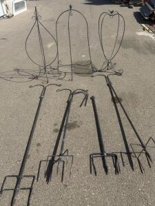 Set Of 8 Wrought Iron Garden Hooks & Decorative Plant Stands, Tall, Ornamental Design
