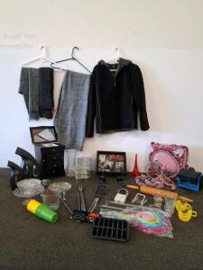 Large lot, suide women's coat, two clothes steamers, car fan, jewelry box, decor, bbq utensils set with thermometer. and more