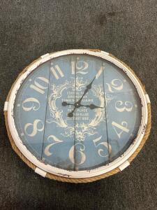 Large Vintage Nautical Rope Wall Clock, 23.5" Diameter, Quartz Movement, Distressed Blue Face