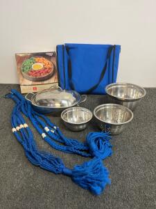 Mixed Kitchenware Lot: Stainless Steel Roaster Set, Mixing Bowls, Bamboo Serving Tray, Plant Hangers
