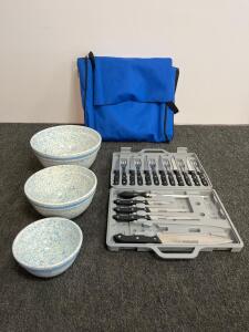 Koch Messer 18-Piece Stainless Steel Knife Set w/ Case, 3 Blue Speckled Bowls, Carry Bag