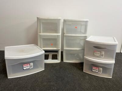 Sterilite ClearView 3-Drawer & 1-Drawer Plastic Organizer Lot, 29 Qt and 16 Qt, White/Clear