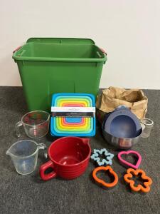 Large Kitchenware Bundle: Tote, Mainstays Storage Set, Mason Jars, Bowls, Measuring Cups, Cutters