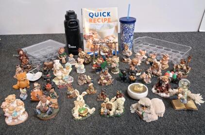 Large Lot Bear & Animal Figurines, Bubba 32oz Bottle, Floral Tumbler, Egg Trays, Quick Recipe Book