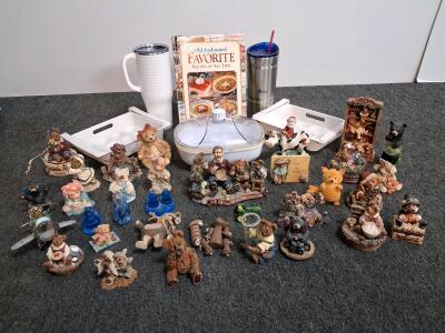 Large Assorted Lot Bear Figurines, FoodSaver Canister, Bubba Tumbler, Recipe Book, and Trays