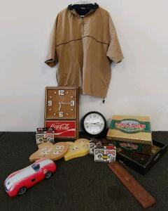 Vintage Coca-Cola Wall Clock, Monopoly 60th Ed, PGA Jacket XL, Cribbage, Cards, Toy Cars