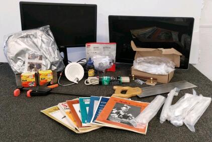 HP 2310m 23" & Dell P2212Hb 22" Monitors (Unable To Power On), Power Strip, Hand Tools, Safety Kit, Sanding Belts, And More