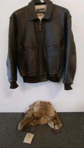 J. Peterman Company Leather Bomber Jacket Large & Ukrainian Fur Ushanka Hat Size 59 With Tags