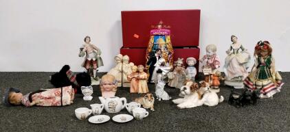 Vintage Collectible Figurines & Christopher Radko Grand Tour Ornament Lot w/ Tea Set, Lefton, Hagen-Renaker