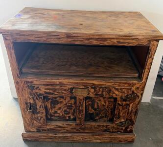 Antique Upright Wooden Phonograph Cabinet With Brass Hardware And Storage Compartments