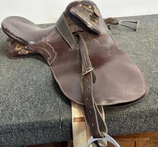Military Officer's Leather Saddle, Dark Brown, Brass Hardware, Stirrups, Girth, Cavalry Style