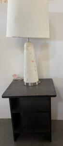 Mid-Century Style Table Lamp With White Speckled Base And Two-Shelf Black Nightstand Set