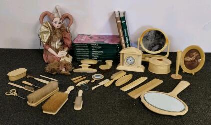 Ivory Pyralin DuBarry 27-Piece Celluloid Bakelite Dresser Vanity Set w/ Clock, Brushes, Hand Mirror, Boxes; Gardening and recipe books, Collectable Bradley's jester doll.