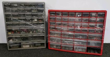 Red and Grey Multi-drawer Organizer Cabinets w/ 36 and 39 Drawers, Includes Hardware Assortment