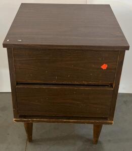 Mid-Century Modern 2-Drawer Nightstand, Dark Wood Laminate, Tapered Legs