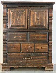 Mid-Century Rustic Wooden Chest Of Drawers With 5 Drawers, Decorative Faces, And Scalloped Base