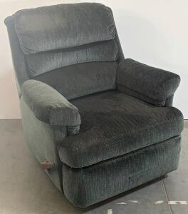 Manual Lever-Action Recliner Chair, Dark Green Patterned Fabric, Pillow Arms, Overstuffed Back
