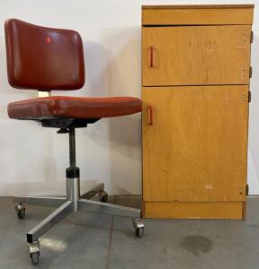 Rolling Task Chair, Metal Base, Adjustable Height, Red Vinyl/Fabric & 2-Door Wood Storage Cabinet