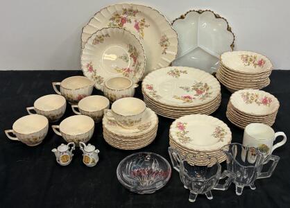 48 Piece Vintage American Limoges Wild Rose China Set - 22K Gold Trim Scalloped Edge