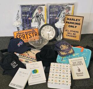 Harley Davidson Decor, Two Beetlejuice Costumes XXL, Two Ballerina Figurines, Books, Hats, And More
