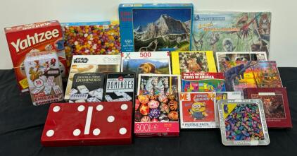 Assorted Puzzle, Domino, and Yahtzee Game Lot &ndash; 19 Items, 100&ndash;1000 Pieces, Multiple Brands