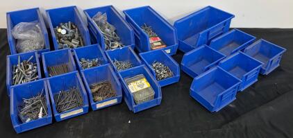 19 Blue Stackable Hardware Bins With Assorted Bolts, Screws, Nuts, Washers, Anchors & Hooks