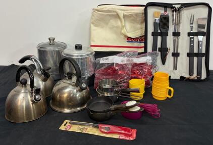 Camping Cookware Set w/ Bag - 3 Kettles, 2 Percolators, BBQ Utensils, Lighter, 40+ Pieces