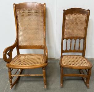 (2)Antique Wood Rocker & Side Chair Set, Caned Seat & Back, Victorian Style, Carved Arms