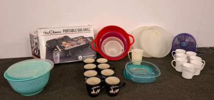 Portable Gas Grill With Box, Pioneer Woman Melamine Bowl, 14 Mugs, Kitchenware, Tupperware Bowls And Containers