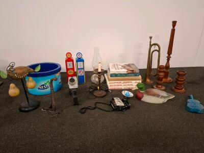 Vintage Collectibles: Spartaflex Camera, Brass Bugle, Books, Wooden Candlesticks, Duck Decoy
