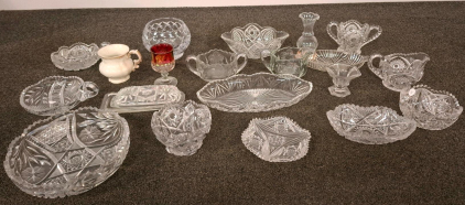 Vintage Cut And Pressed Glassware - Bowls, Trays, Creamers, Goblet, 17 Pieces